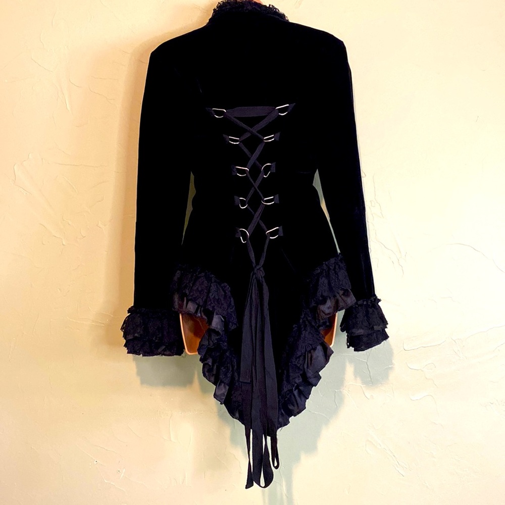 Stunning Goth / Steampunk velour jacket with corset piercing detail and tail.